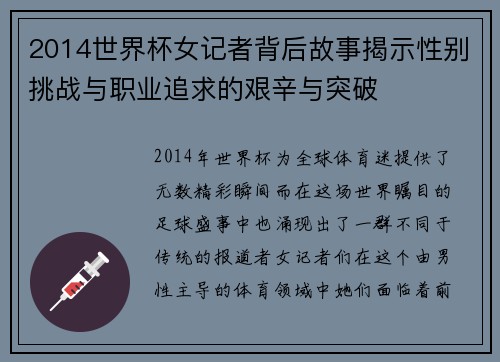 2014世界杯女记者背后故事揭示性别挑战与职业追求的艰辛与突破